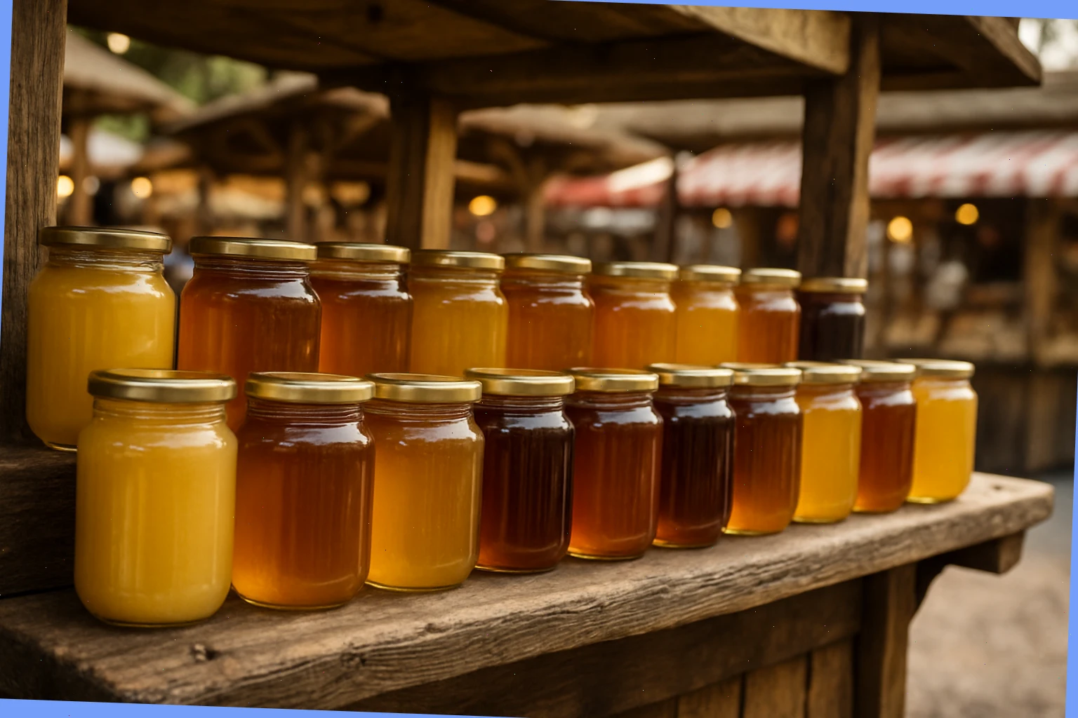 Honey jars on wooden stall