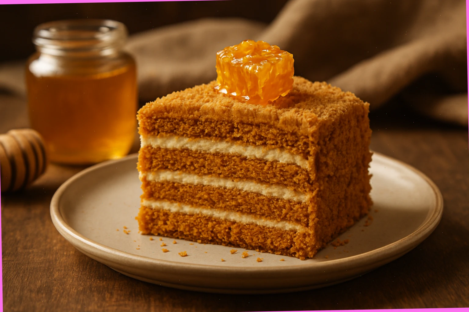 Slice of honey cake on plate